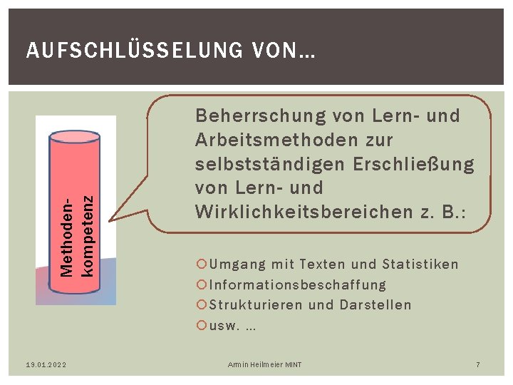 Methodenkompetenz AUFSCHLÜSSELUNG VON… 19. 01. 2022 Beherrschung von Lern- und Arbeitsmethoden zur selbstständigen Erschließung