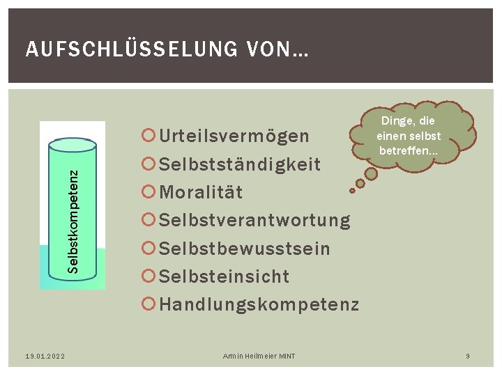 Selbstkompetenz AUFSCHLÜSSELUNG VON… 19. 01. 2022 Urteilsvermögen Selbstständigkeit Moralität Selbstverantwortung Selbstbewusstsein Selbsteinsicht Handlungskompetenz Armin