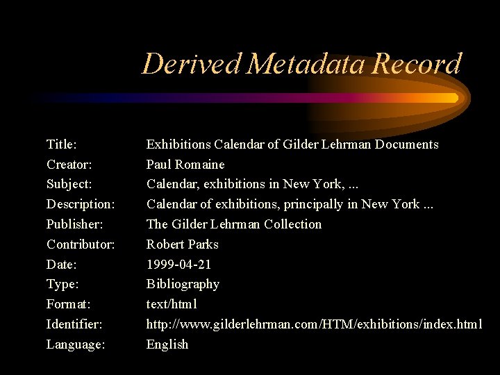 Derived Metadata Record Title: Creator: Subject: Description: Publisher: Contributor: Date: Type: Format: Identifier: Language: