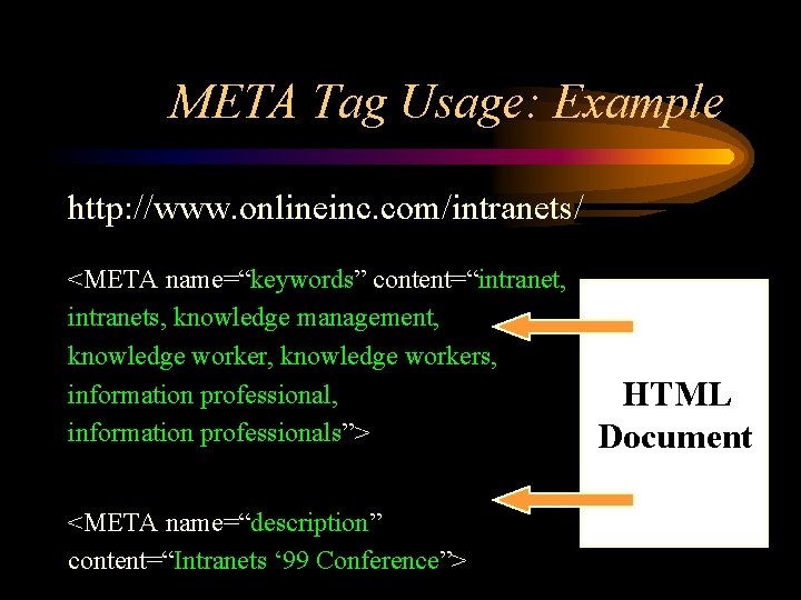 META Tag Usage: Example http: //www. onlineinc. com/intranets/ <META name=“keywords” content=“intranet, intranets, knowledge management,