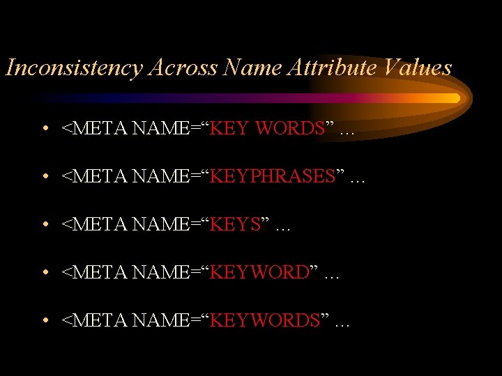 Inconsistency Across Name Attribute Values • <META NAME=“KEY WORDS” … • <META NAME=“KEYPHRASES” …
