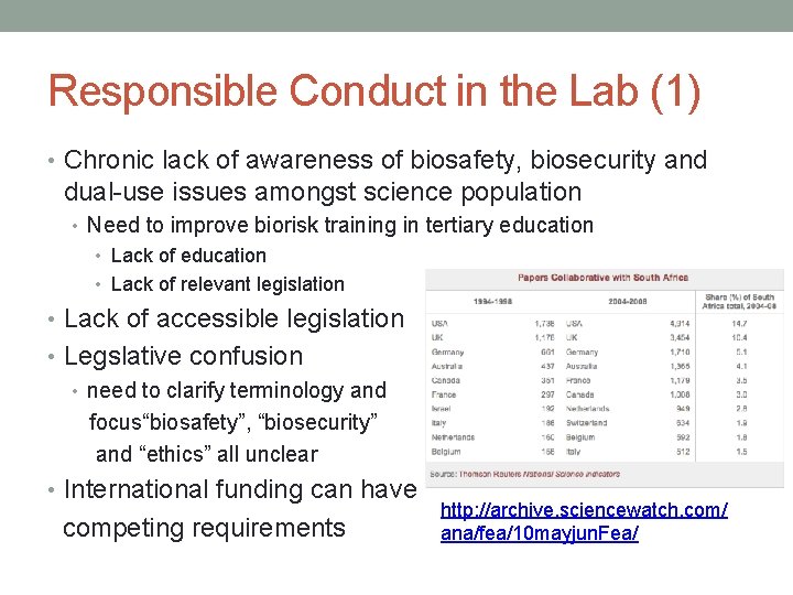 Responsible Conduct in the Lab (1) • Chronic lack of awareness of biosafety, biosecurity