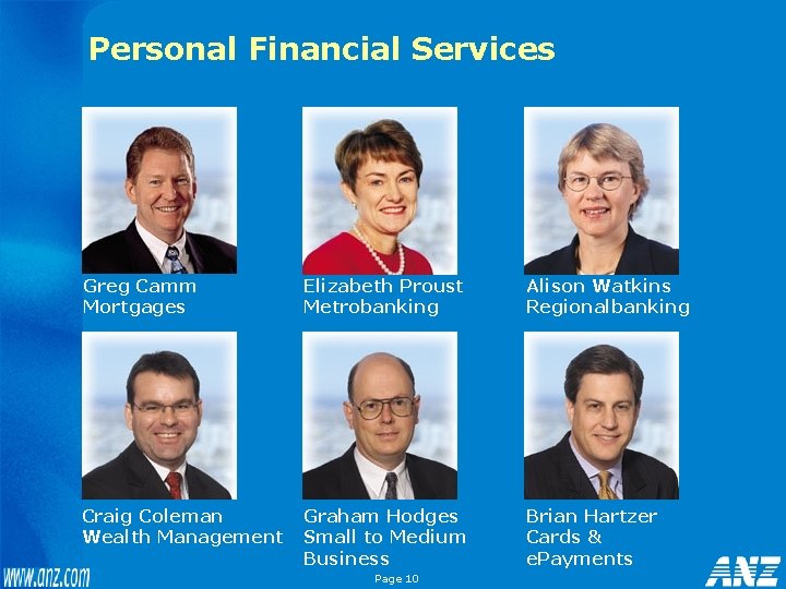 Personal Financial Services Greg Camm Mortgages Elizabeth Proust Metrobanking Alison Watkins Regionalbanking Craig Coleman