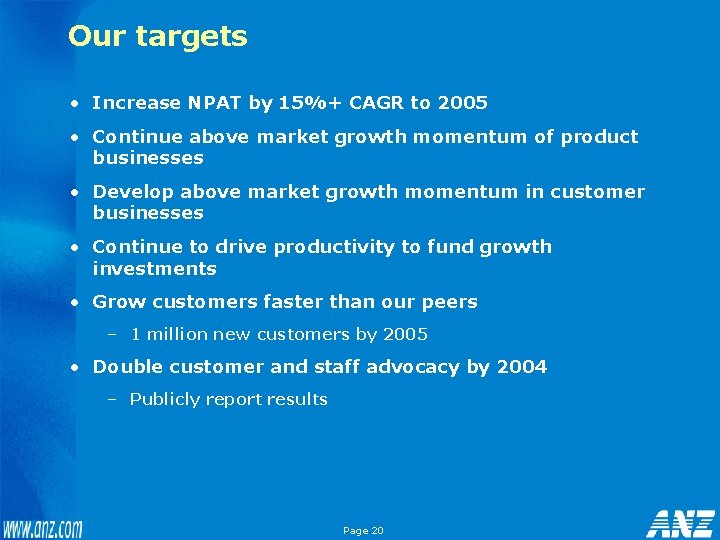 Our targets • Increase NPAT by 15%+ CAGR to 2005 • Continue above market