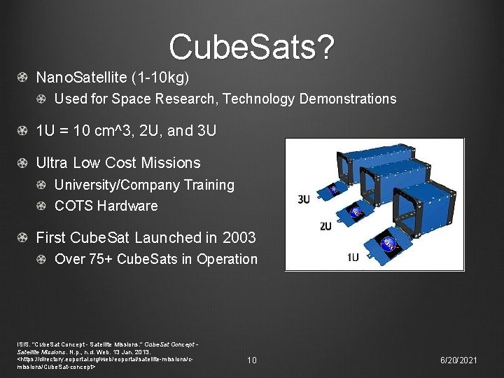 Cube. Sats? Nano. Satellite (1 -10 kg) Used for Space Research, Technology Demonstrations 1