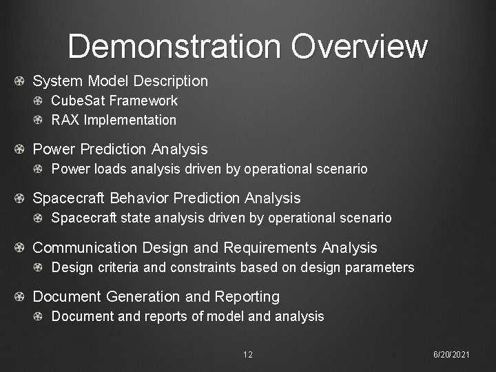Demonstration Overview System Model Description Cube. Sat Framework RAX Implementation Power Prediction Analysis Power