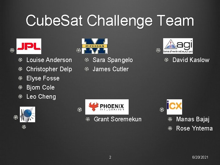 Cube. Sat Challenge Team JPL Louise Anderson Christopher Delp Elyse Fosse Bjorn Cole Leo