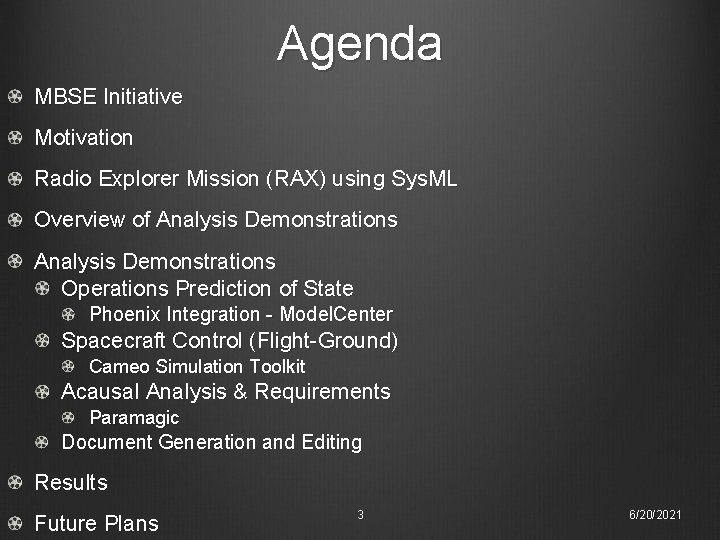 Agenda MBSE Initiative Motivation Radio Explorer Mission (RAX) using Sys. ML Overview of Analysis