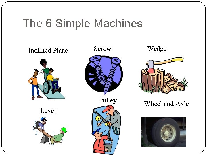 The 6 Simple Machines Inclined Plane Screw Pulley Lever Wedge Wheel and Axle 