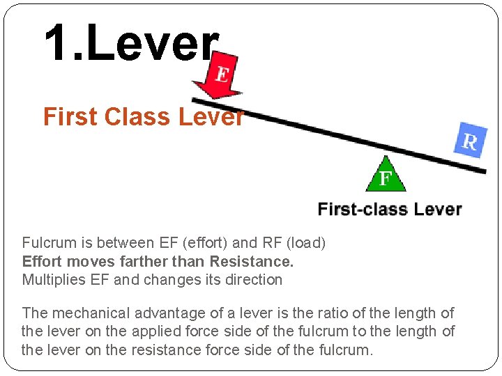 1. Lever First Class Lever Fulcrum is between EF (effort) and RF (load) Effort