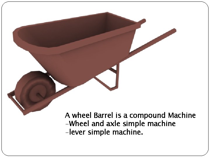 A wheel Barrel is a compound Machine -Wheel and axle simple machine -lever simple