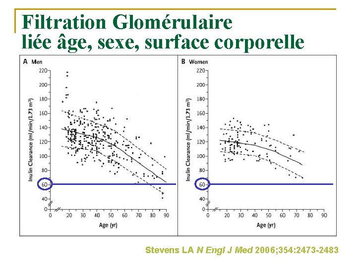 Filtration Glomérulaire liée âge, sexe, surface corporelle Stevens LA N Engl J Med 2006;