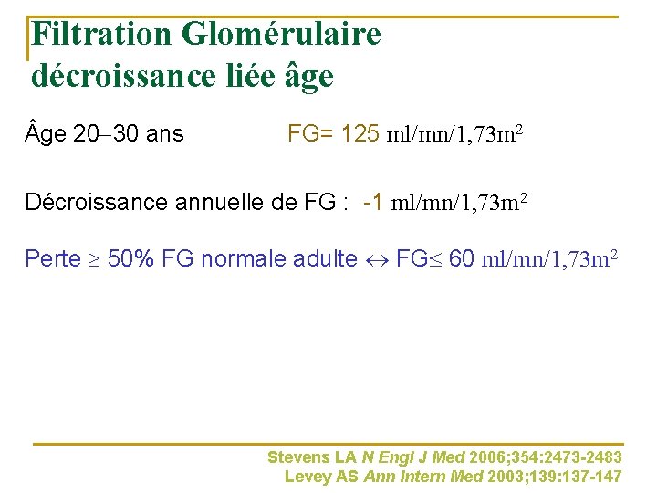 Filtration Glomérulaire décroissance liée âge ge 20 30 ans FG= 125 ml/mn/1, 73 m