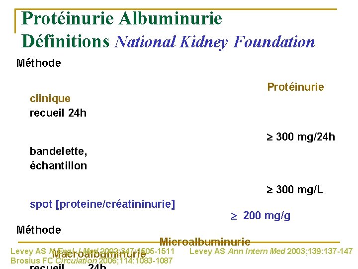 Protéinurie Albuminurie Définitions National Kidney Foundation Méthode Protéinurie clinique recueil 24 h 300 mg/24