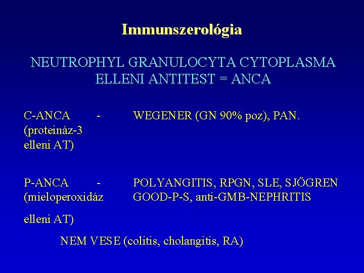 Immunszerológia NEUTROPHYL GRANULOCYTA CYTOPLASMA ELLENI ANTITEST = ANCA C-ANCA (proteináz-3 elleni AT) - P-ANCA