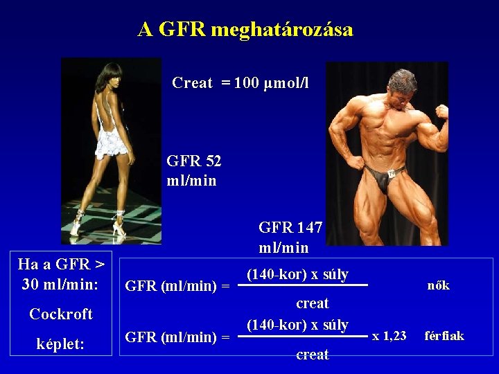 A GFR meghatározása Creat = 100 μmol/l GFR 52 ml/min Ha a GFR >