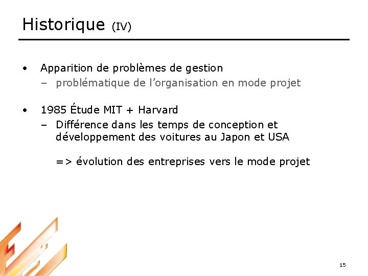 Historique (IV) • Apparition de problèmes de gestion – problématique de l’organisation en mode