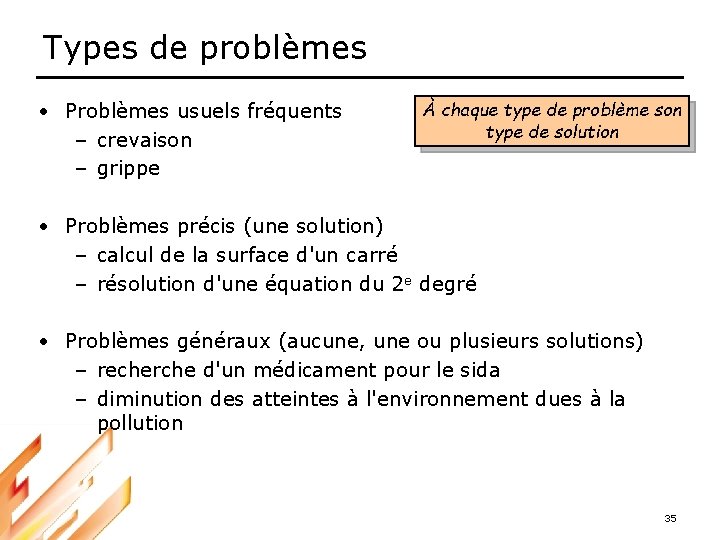 Types de problèmes • Problèmes usuels fréquents – crevaison – grippe À chaque type