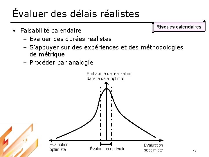 Évaluer des délais réalistes Risques calendaires • Faisabilité calendaire – Évaluer des durées réalistes