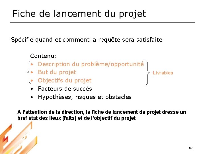 Fiche de lancement du projet Spécifie quand et comment la requête sera satisfaite Contenu: