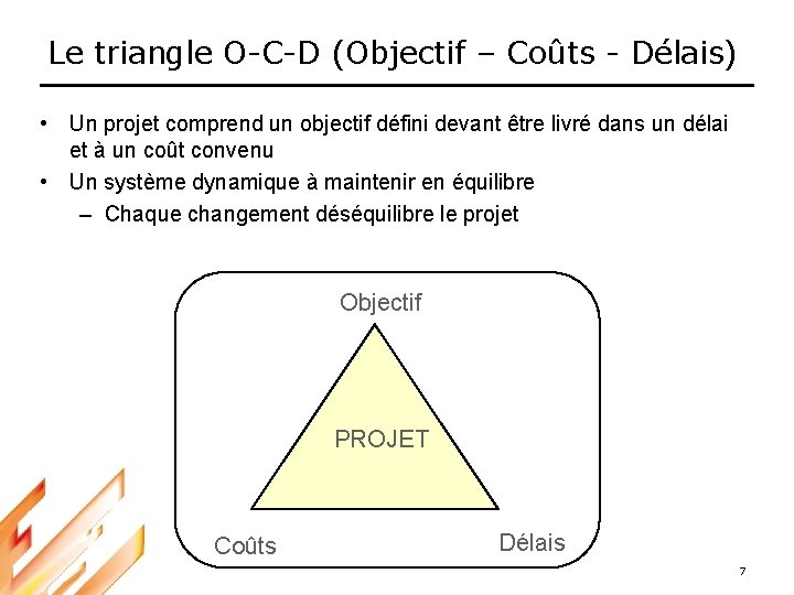 Le triangle O-C-D (Objectif – Coûts - Délais) • Un projet comprend un objectif