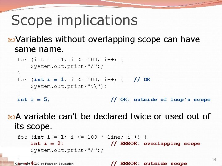 Scope implications Variables without overlapping scope can have same name. for (int i =