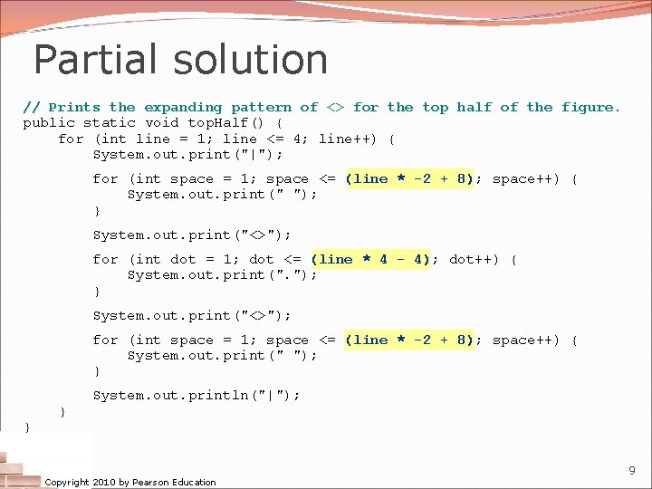 Partial solution // Prints the expanding pattern of <> for the top half of