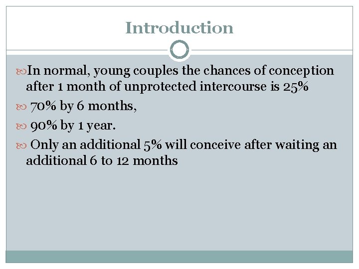 Introduction In normal, young couples the chances of conception after 1 month of unprotected
