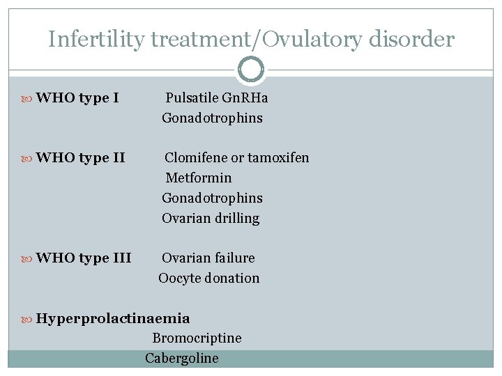 Infertility treatment/Ovulatory disorder WHO type I Pulsatile Gn. RHa Gonadotrophins WHO type II Clomifene