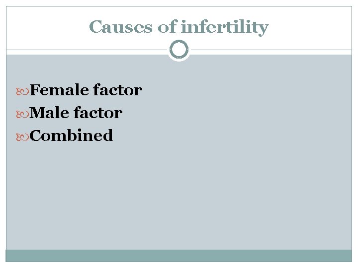 Causes of infertility Female factor Male factor Combined 