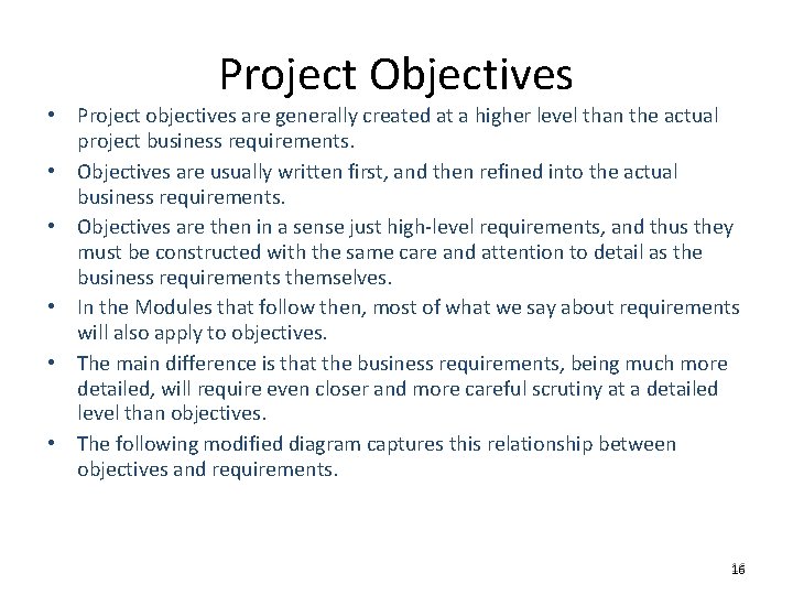 Project Objectives • Project objectives are generally created at a higher level than the