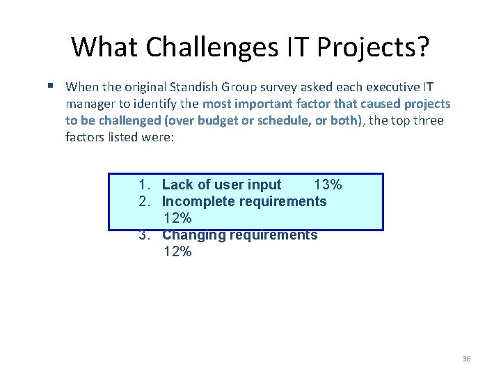 What Challenges IT Projects? § When the original Standish Group survey asked each executive