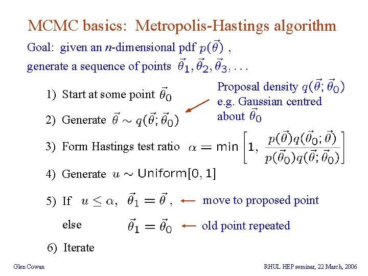 MCMC basics: Metropolis-Hastings algorithm Goal: given an n-dimensional pdf generate a sequence of points