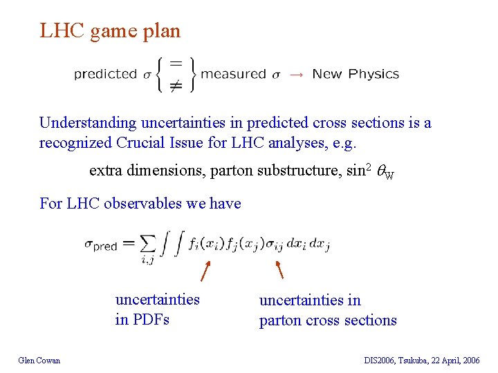 LHC game plan Understanding uncertainties in predicted cross sections is a recognized Crucial Issue