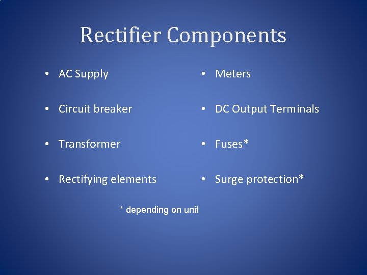 Rectifier Components • AC Supply • Meters • Circuit breaker • DC Output Terminals