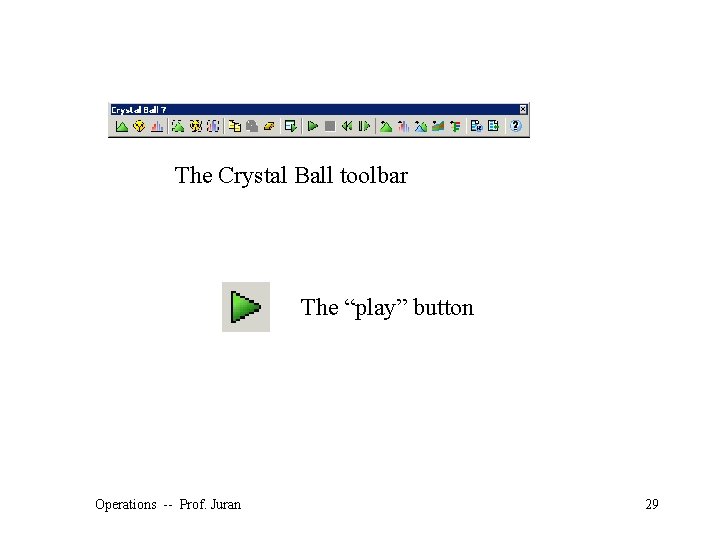 The Crystal Ball toolbar The “play” button Operations -- Prof. Juran 29 ©The Mc.