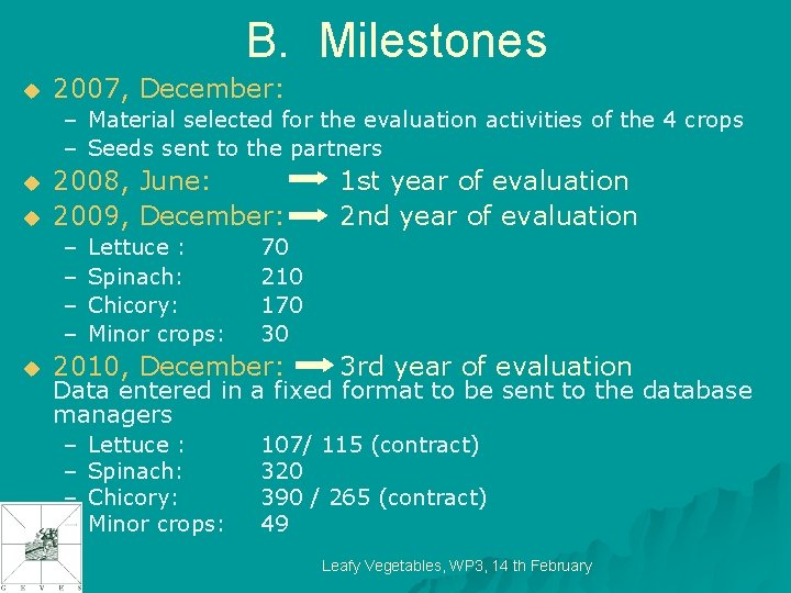 B. Milestones u 2007, December: – Material selected for the evaluation activities of the