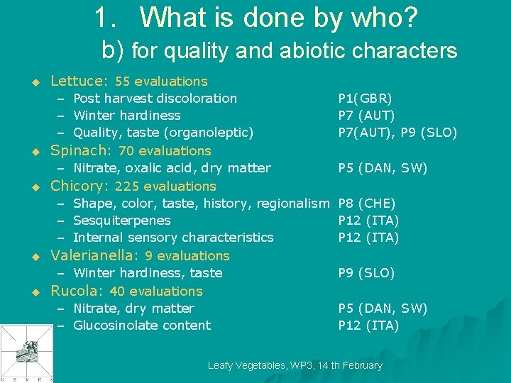 1. What is done by who? b) for quality and abiotic characters u u