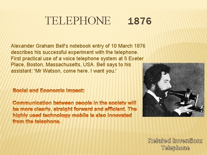 TELEPHONE 1876 Alexander Graham Bell's notebook entry of 10 March 1876 describes his successful