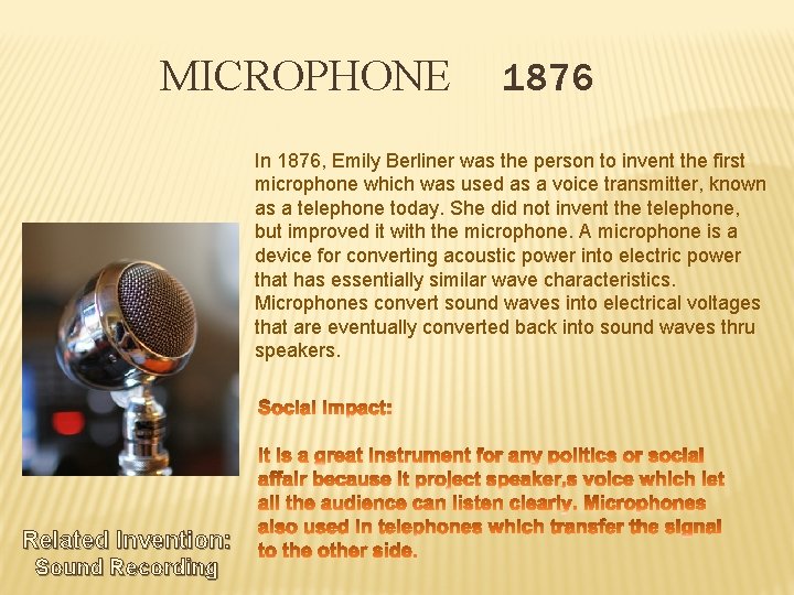 MICROPHONE 1876 In 1876, Emily Berliner was the person to invent the first microphone
