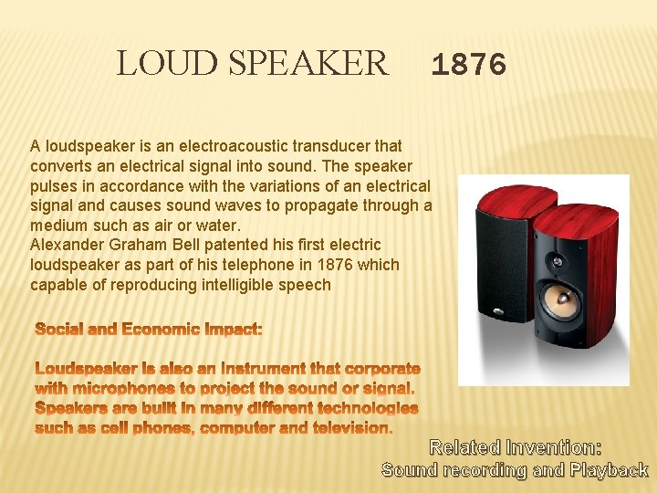 LOUD SPEAKER 1876 A loudspeaker is an electroacoustic transducer that converts an electrical signal