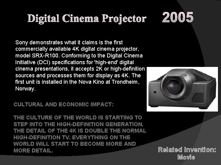 Digital Cinema Projector 2005 Sony demonstrates what it claims is the first commercially available