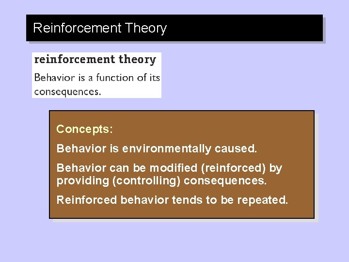 Reinforcement Theory Concepts: Behavior is environmentally caused. Behavior can be modified (reinforced) by providing