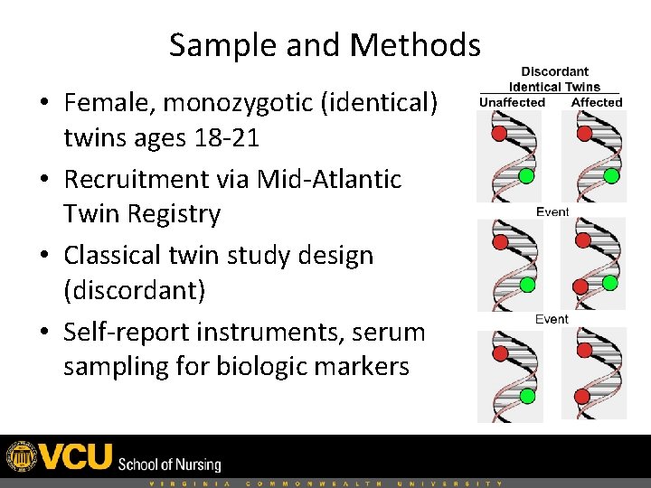 Sample and Methods • Female, monozygotic (identical) twins ages 18 -21 • Recruitment via