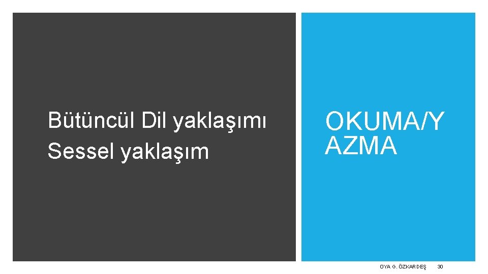Bütüncül Dil yaklaşımı Sessel yaklaşım OKUMA/Y AZMA OYA G. ÖZKARDEŞ 30 