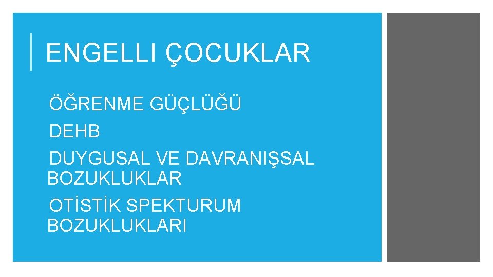 ENGELLI ÇOCUKLAR ÖĞRENME GÜÇLÜĞÜ DEHB DUYGUSAL VE DAVRANIŞSAL BOZUKLUKLAR OTİSTİK SPEKTURUM BOZUKLUKLARI 