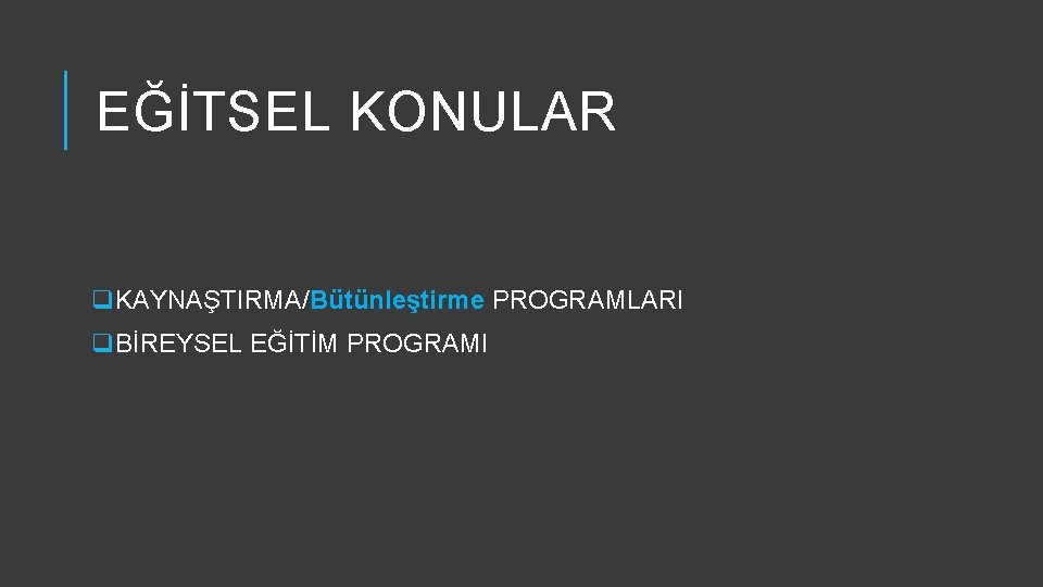 EĞİTSEL KONULAR q. KAYNAŞTIRMA/Bütünleştirme PROGRAMLARI q. BİREYSEL EĞİTİM PROGRAMI 