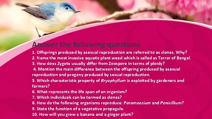 Answer the following questions 1. Offsprings produced by asexual reproduction are referred to as
