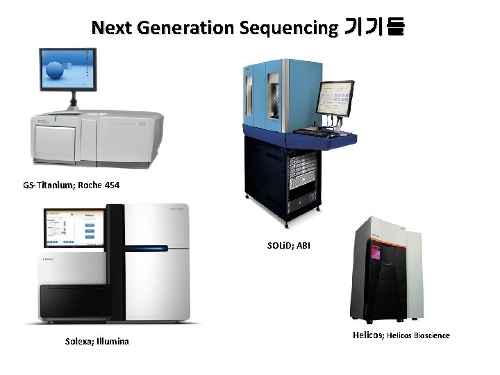 Next Generation Sequencing 기기들 GS-Titanium; GS-Titanium Roche 454 SOLi. D; SOLi. D ABI Solexa;