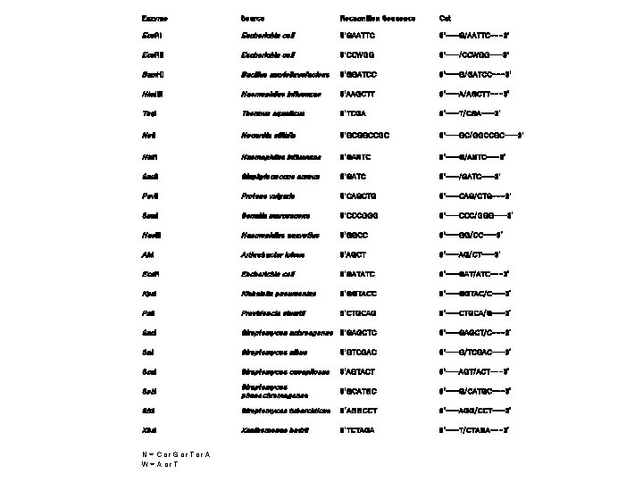 Enzyme Source Recognition Sequence Cut Eco. RI Escherichia coli 5'GAATTC 5'---G/AATTC---3' Eco. RII Escherichia